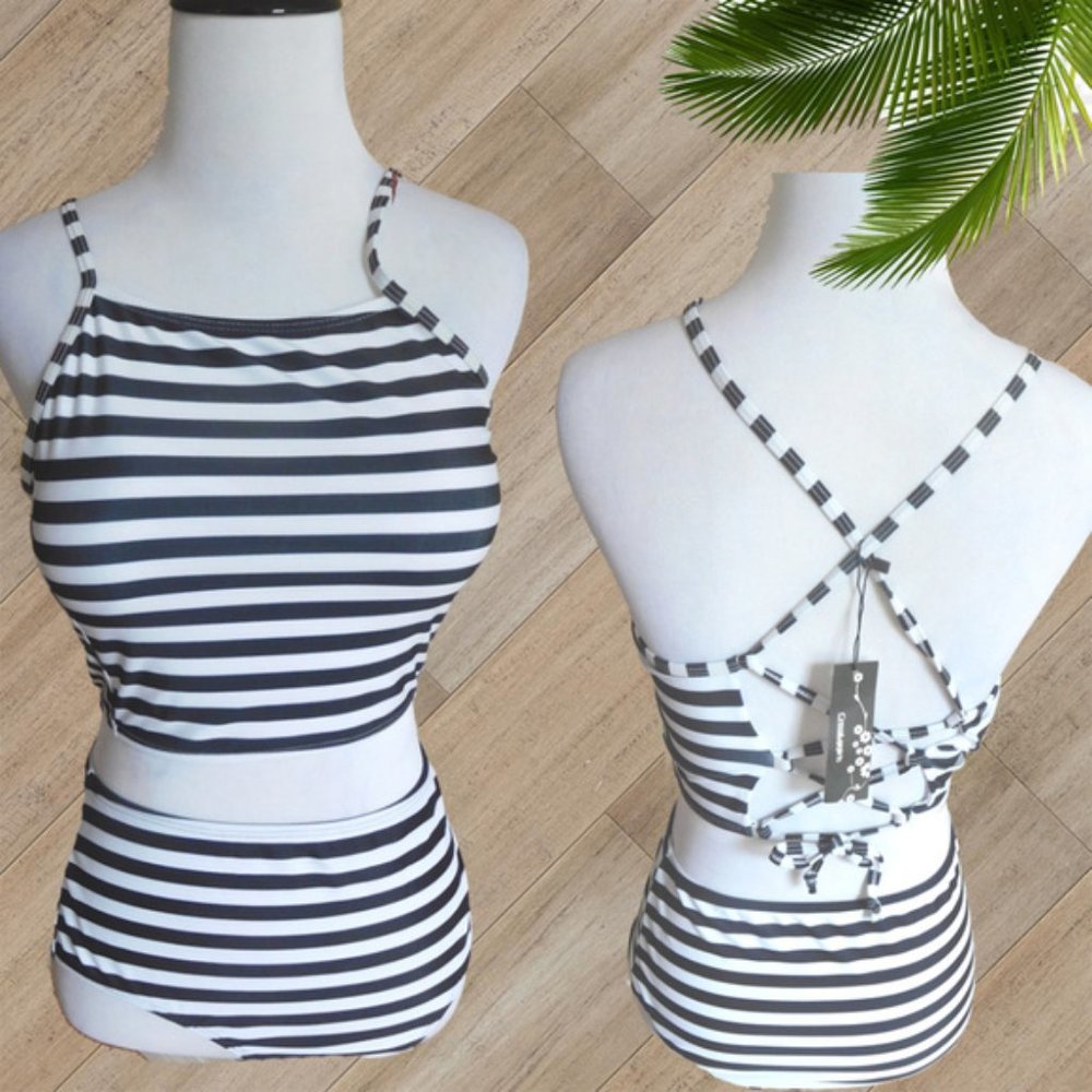 BLADK AND WHITE STRIPE TWO PIECE SWIMSUIT